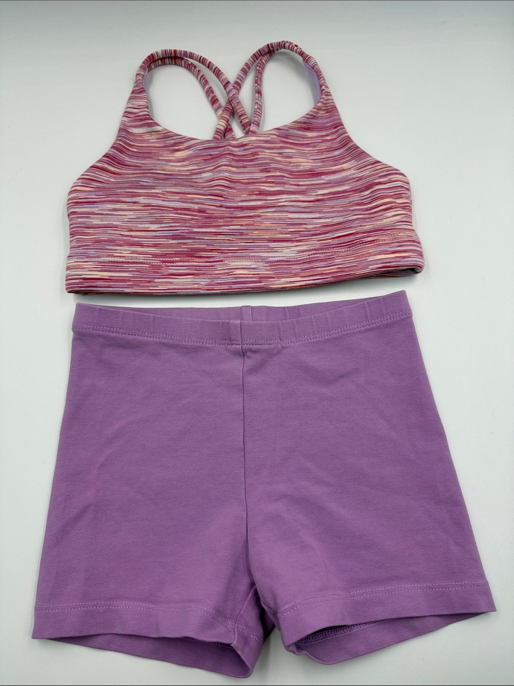 Athleta girl top and tea shorts Pink Dye Sports Bra with Purple Active Short